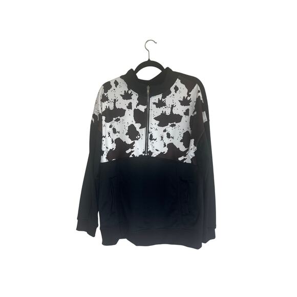 Unisex XL Cow Print Quarter-Zip Pullover Sweatshirt Black White Polyester - Picture 6 of 15